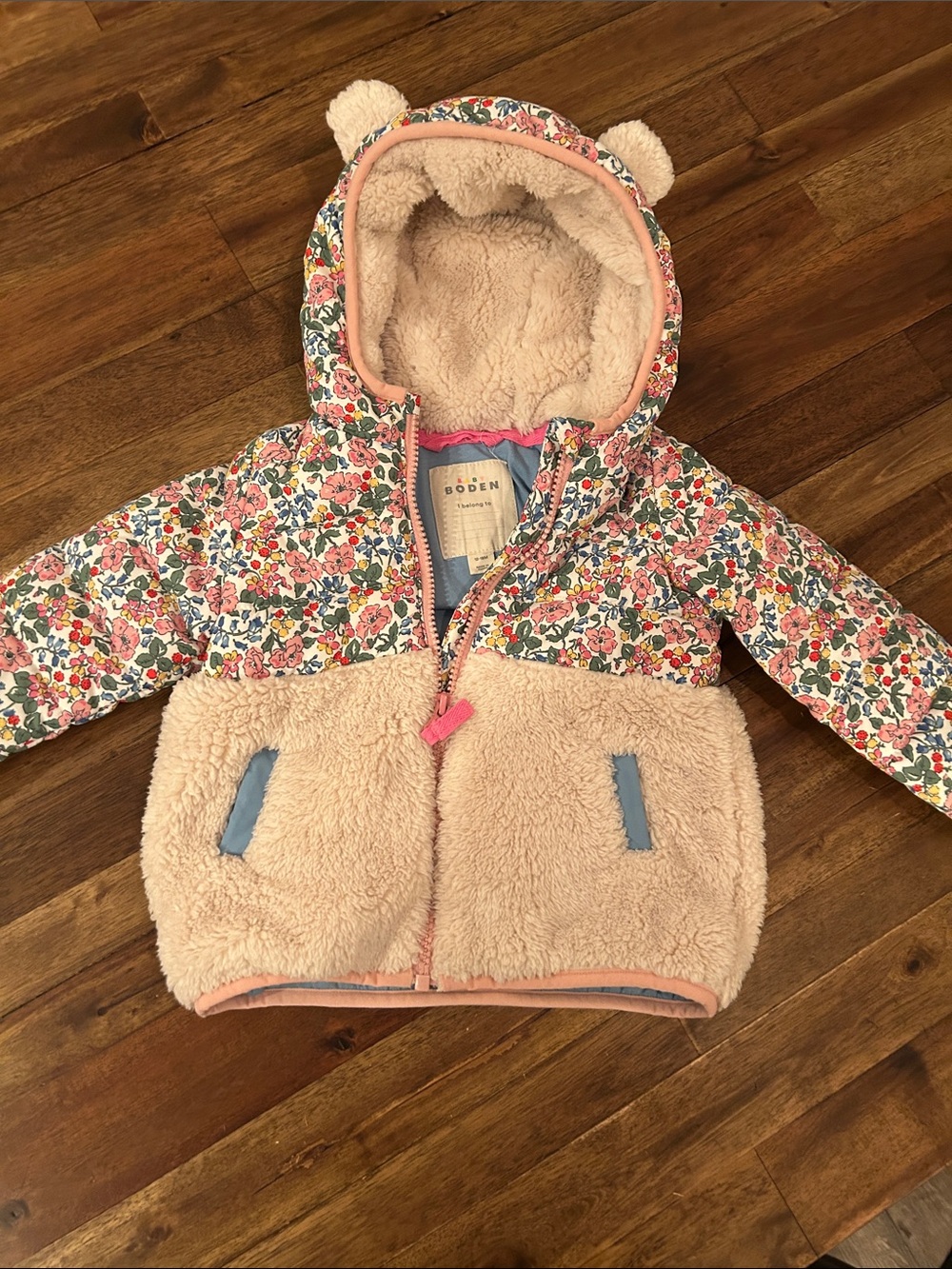 Boden Floral Hooded Puffer Jacket in Pink, Cream and Blue